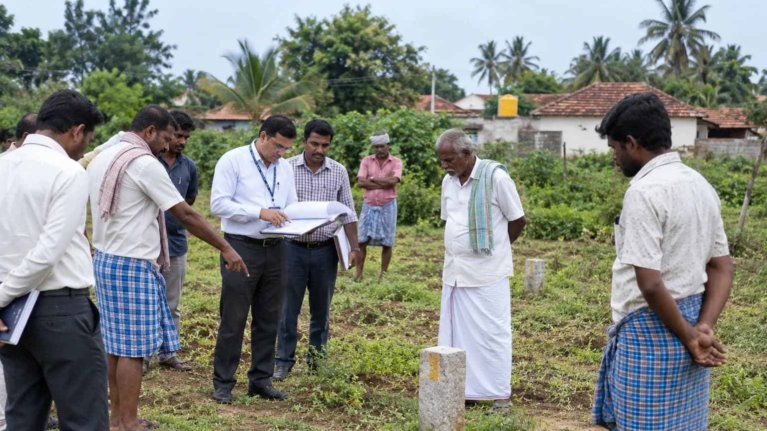 Tahsildar and villagers inspecting disputed government land in Kammachi village